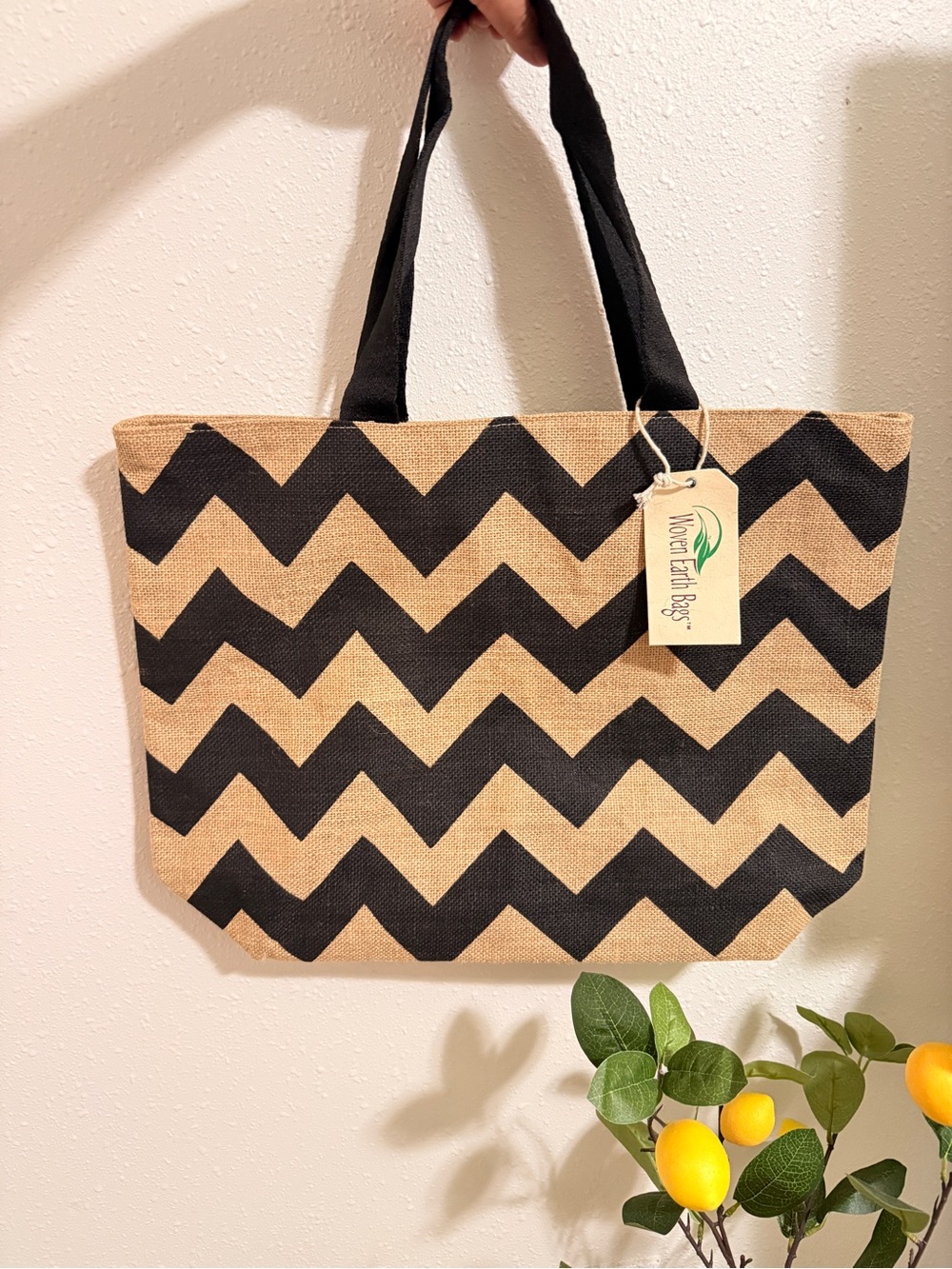 Chevron Jute Tote Bag - Black & Natural